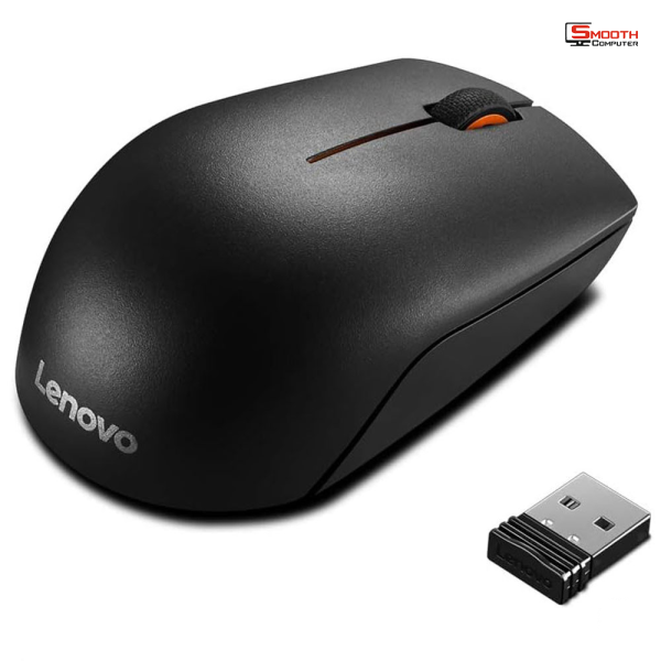 Lenovo 300, Souris Optique Compact – Sans fil Adaptateur sans fil Nano 2.4Ghz à connexion USB A 3 boutons (molette de défilement incluse); Couleur : noir et orange Système d’exploitation : Windows Plug & Play 7/8/8.1/10